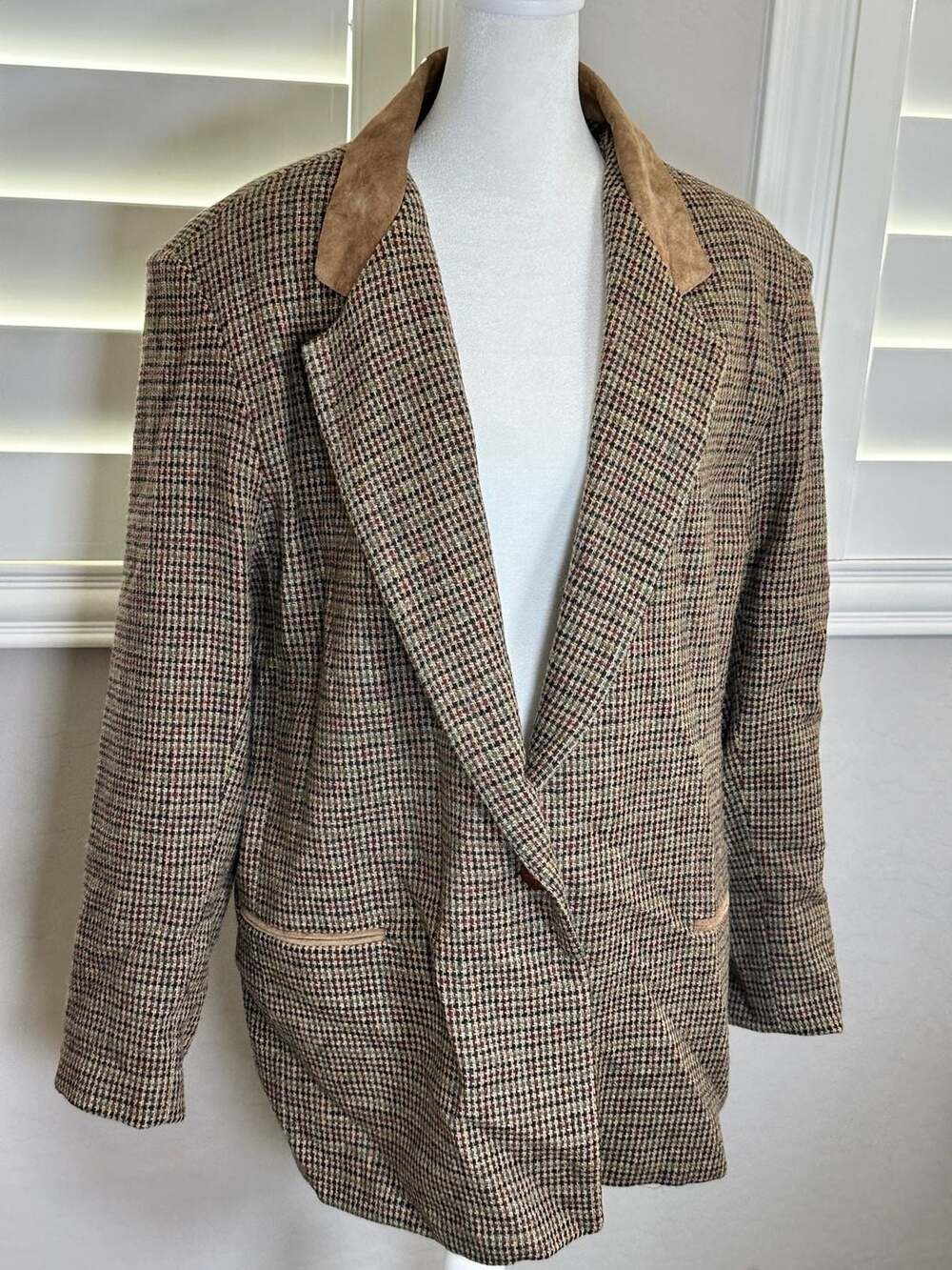 Vintage Dumas Houndstooth Wool Blazer Jacket with Suede Collar Size 16